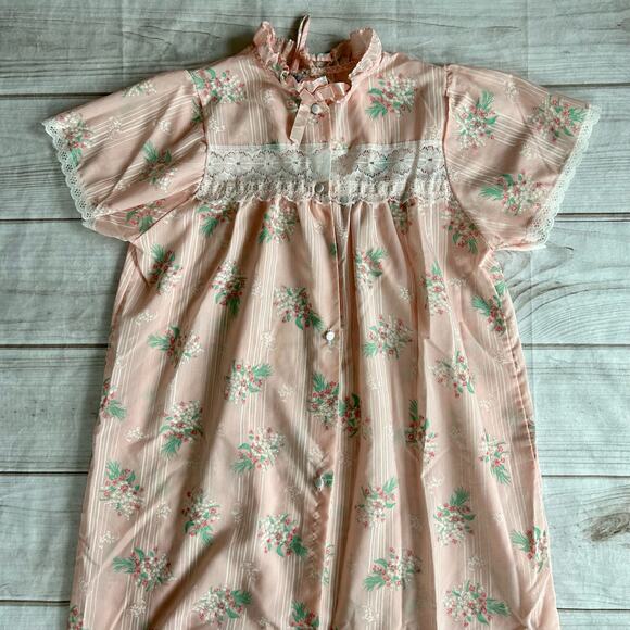 Vintage Ballet New York Pink Floral Nightgown Lace Yoke Short Sleeve Cottagecore - Picture 6 of 14
